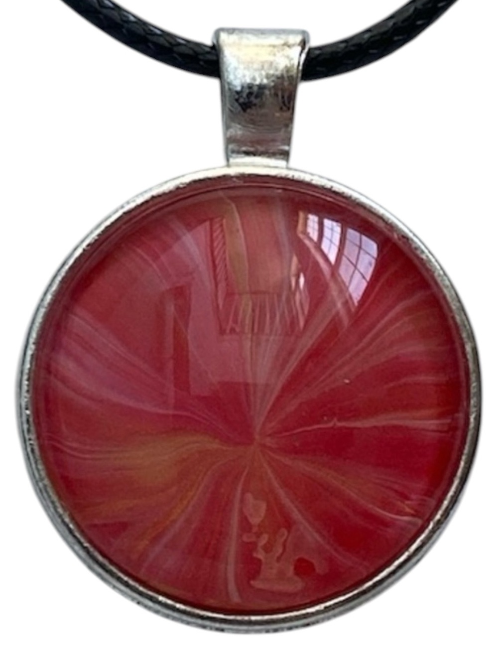 Hand Crafted Necklace Red and Yellow Fluid Art Round Pendant by Svetlana Yeung